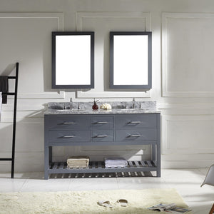 Virtu USA Caroline Estate 60" Double Bath Vanity with White Marble Top and Round Sinks with Brushed Nickel Faucets with Matching Mirrors