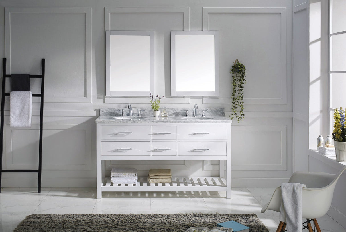 Virtu USA Caroline Estate 60" Double Bath Vanity with White Marble Top and Round Sinks with Brushed Nickel Faucets with Matching Mirrors