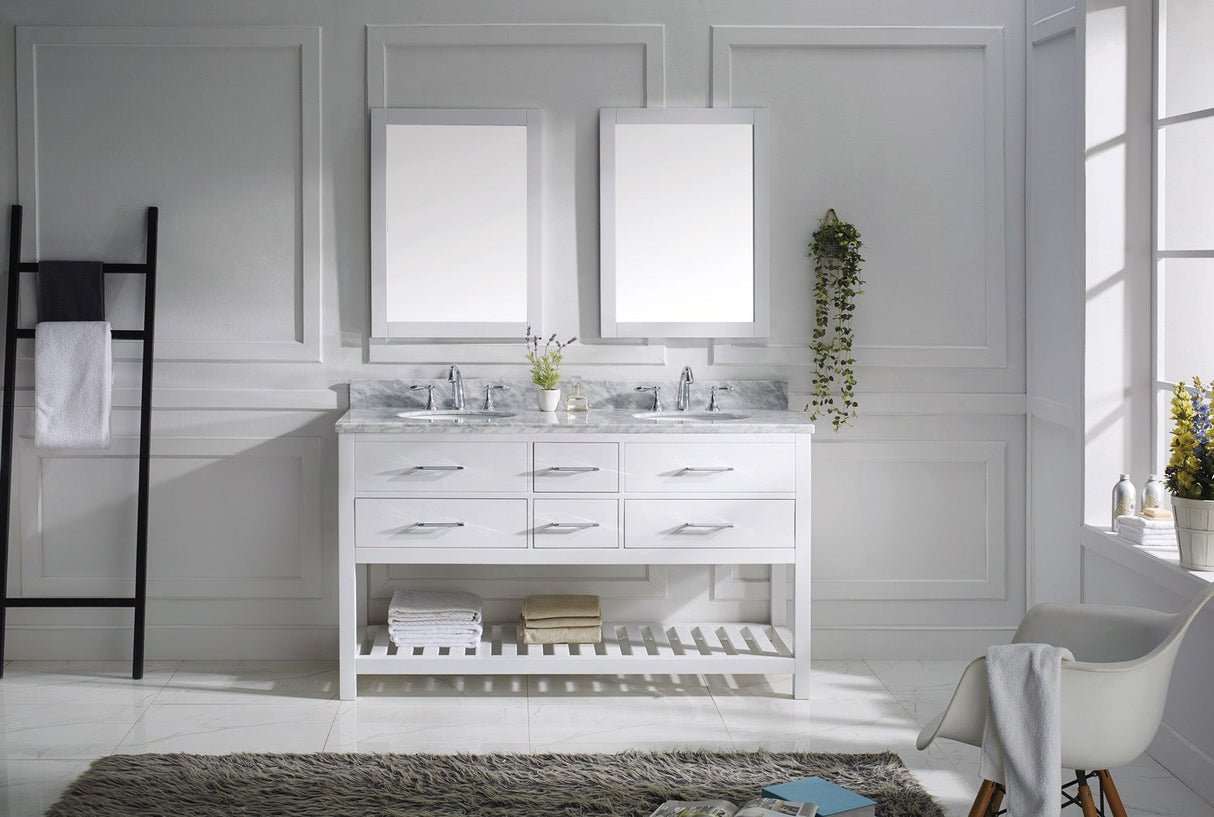 Virtu USA Caroline Estate 60" Double Bath Vanity with White Marble Top and Round Sinks with Polished Chrome Faucets with Matching Mirrors