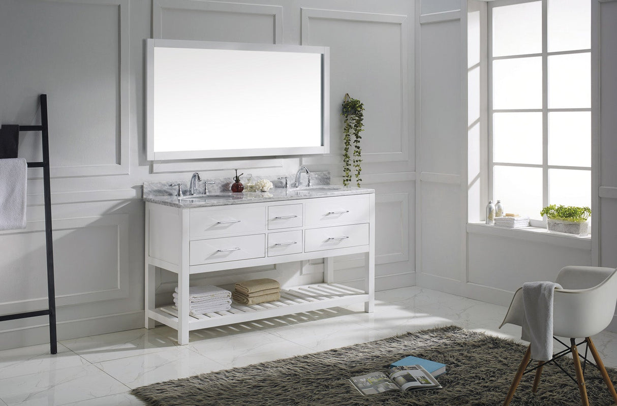 Virtu USA Caroline Estate 60" Double Bath Vanity with White Marble Top and Round Sinks with Polished Chrome Faucets with Matching Mirrors