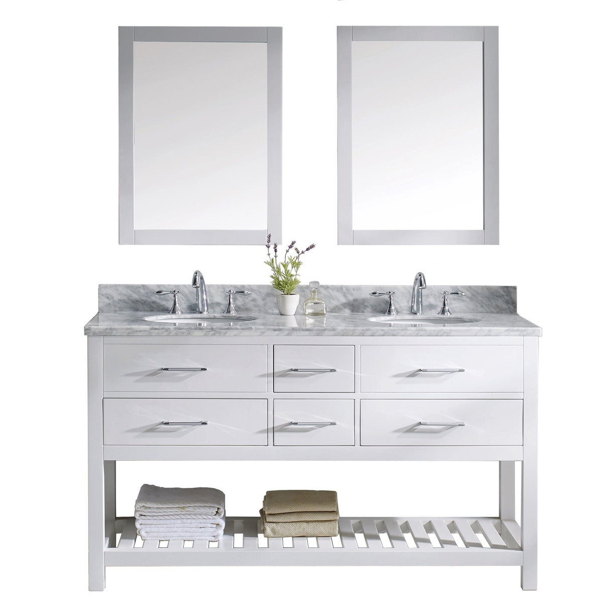 Virtu USA Caroline Estate 60" Double Bath Vanity with Marble Top and Round Sink with Polished Chrome Faucet and Mirrors - Luxe Bathroom Vanities