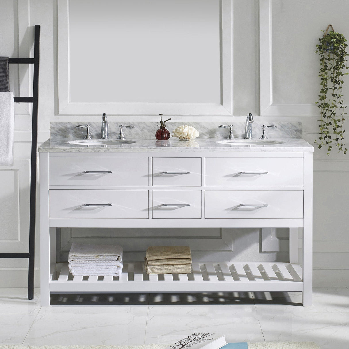 Virtu USA Caroline Estate 60" Double Bath Vanity with White Marble Top and Round Sinks