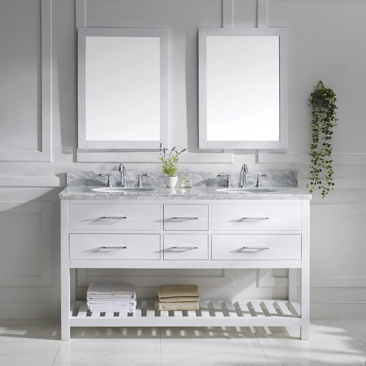 Virtu USA Caroline Estate 60" Double Bath Vanity with White Marble Top and Round Sinks with Brushed Nickel Faucets with Matching Mirrors