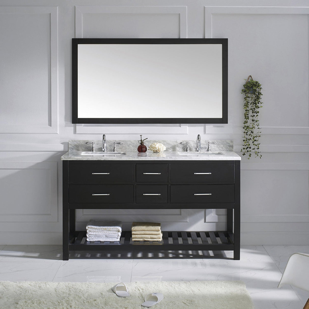 Virtu USA Caroline Estate 60" Double Bath Vanity with White Marble Top and Square Sinks with Matching Mirror