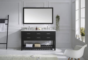 Virtu USA Caroline Estate 60" Double Bath Vanity with White Marble Top and Square Sinks with Brushed Nickel Faucets with Matching Mirror