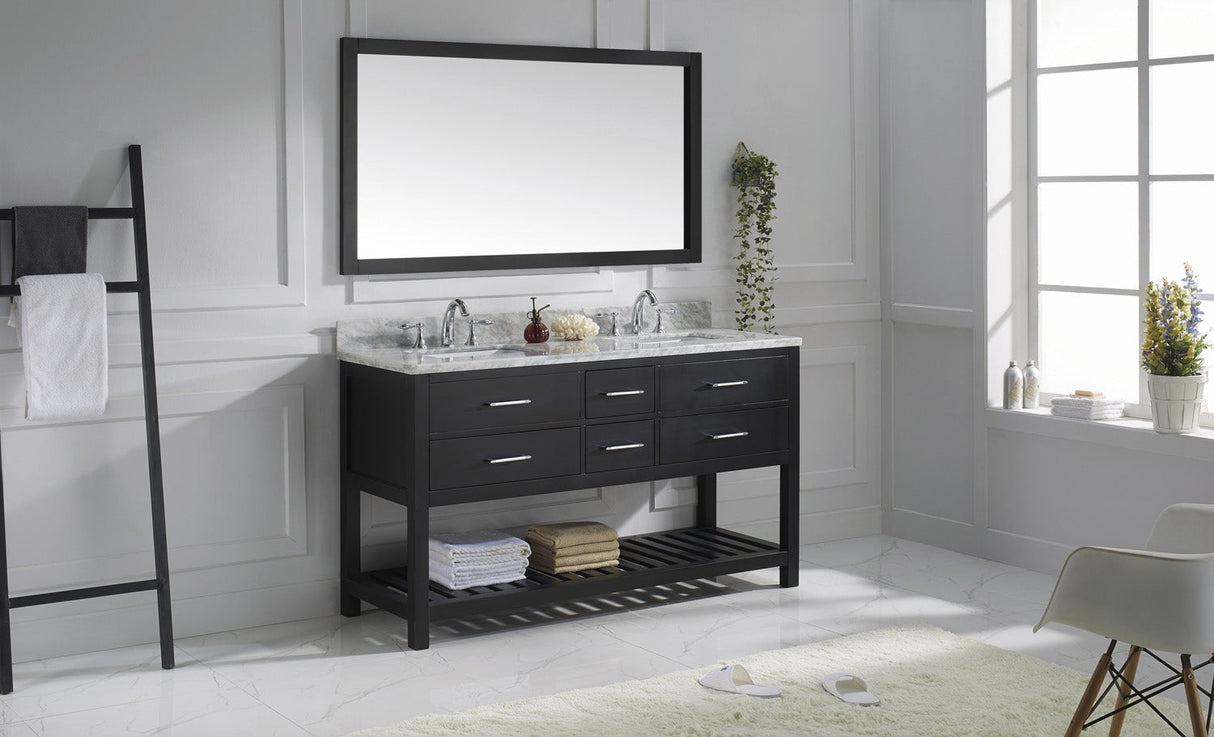 Virtu USA Caroline Estate 60" Double Bath Vanity with White Marble Top and Square Sinks with Polished Chrome Faucets with Matching Mirror