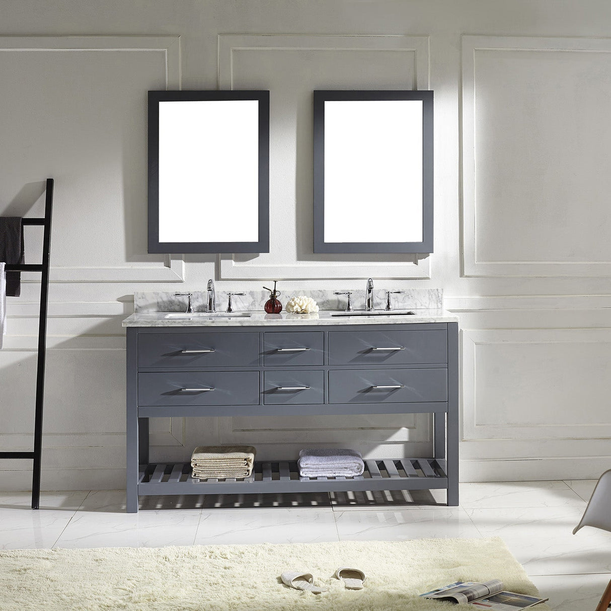 Virtu USA Caroline Estate 60" Double Bath Vanity with White Marble Top and Square Sinks with Brushed Nickel Faucets with Matching Mirrors