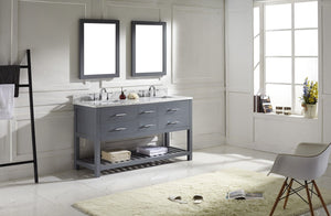 Virtu USA Caroline Estate 60" Double Bath Vanity with White Marble Top and Square Sinks with Polished Chrome Faucets with Matching Mirrors