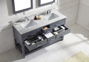 Virtu USA Caroline Estate 60" Double Bath Vanity with White Marble Top and Square Sinks with Polished Chrome Faucets with Matching Mirrors