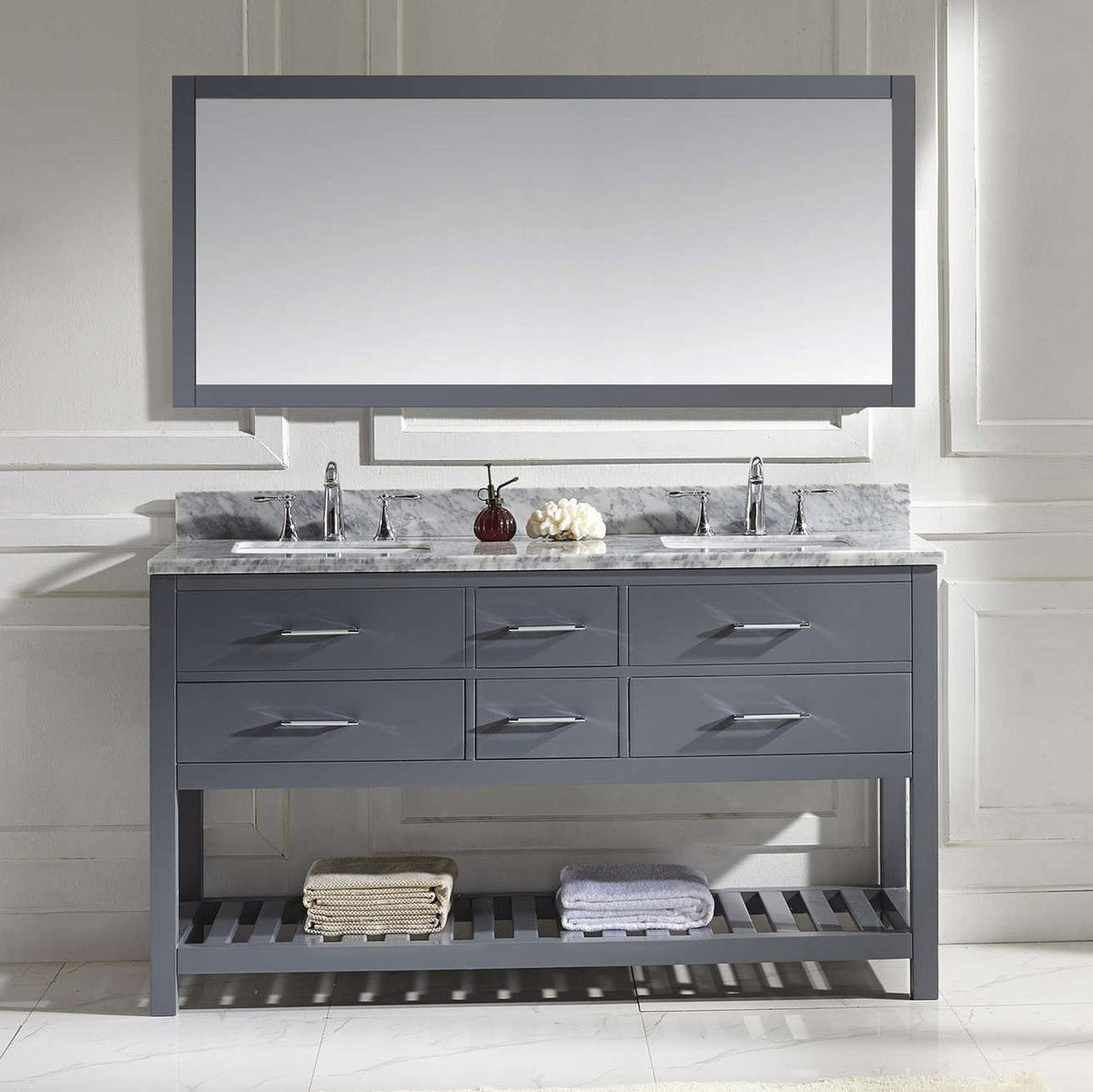 Virtu USA Caroline Estate 60" Double Bath Vanity with White Marble Top and Square Sinks with Matching Mirror