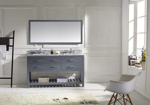 Virtu USA Caroline Estate 60" Double Bath Vanity with White Marble Top and Square Sinks with Brushed Nickel Faucets with Matching Mirror
