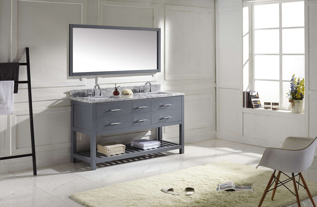 Virtu USA Caroline Estate 60" Double Bath Vanity with White Marble Top and Square Sinks with Brushed Nickel Faucets with Matching Mirror