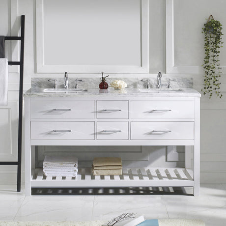 Virtu USA Caroline Estate 60" Double Bath Vanity with White Marble Top and Square Sinks with Polished Chrome Faucets