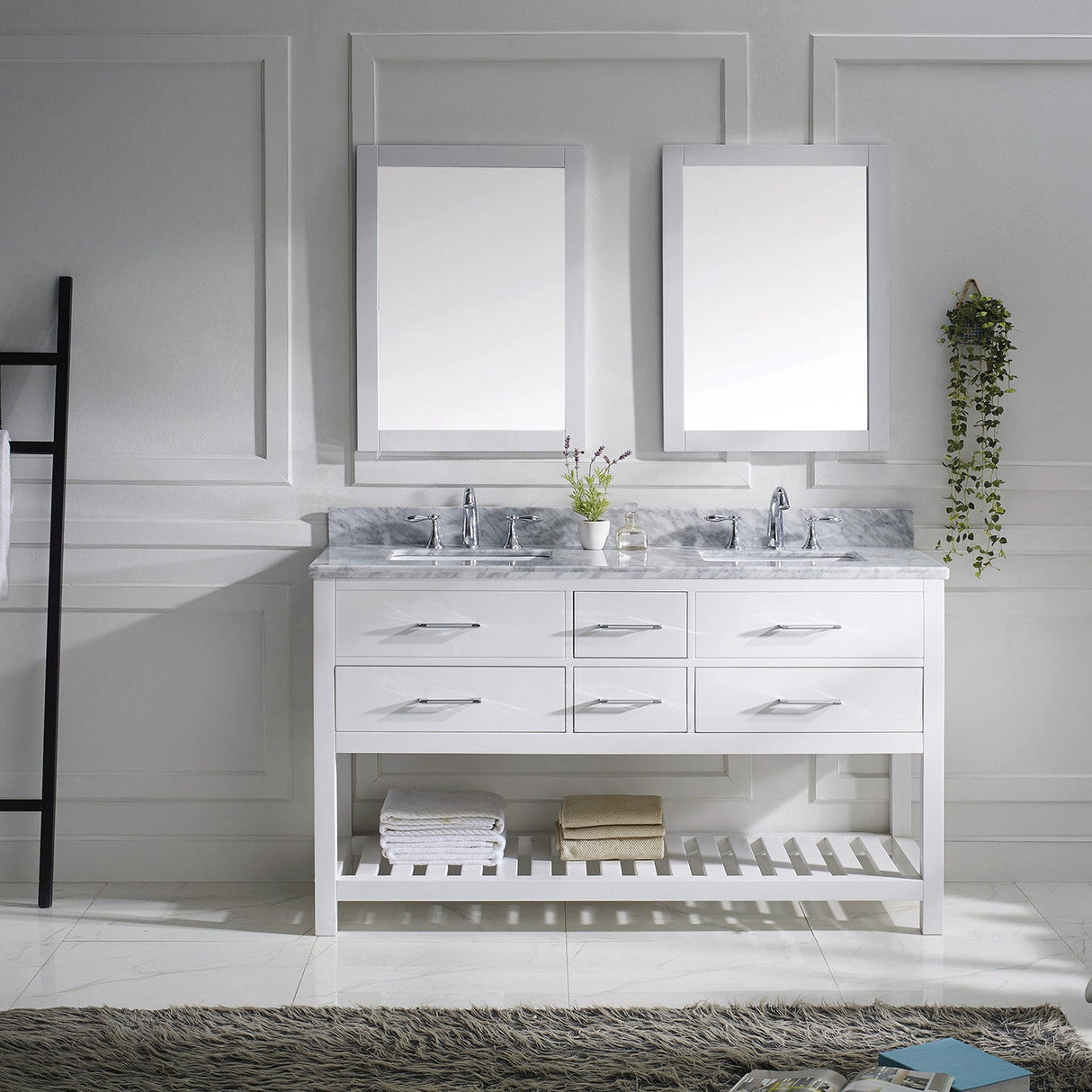 Virtu USA Caroline Estate 60" Double Bath Vanity with White Marble Top and Square Sinks with Polished Chrome Faucets