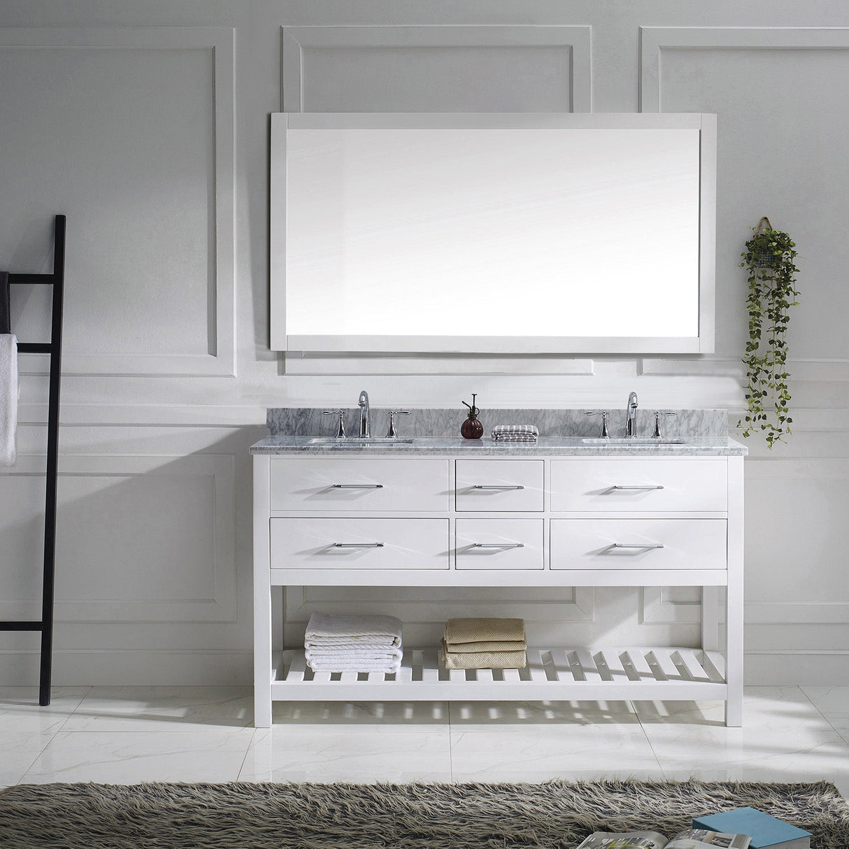 Virtu USA Caroline Estate 60" Double Bath Vanity with White Marble Top and Square Sinks with Matching Mirror