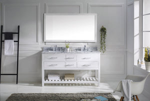 Virtu USA Caroline Estate 60" Double Bath Vanity with White Marble Top and Square Sinks with Brushed Nickel Faucets with Matching Mirror