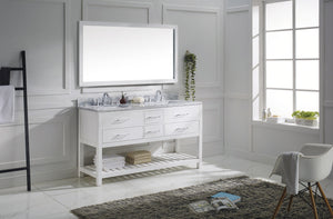 Virtu USA Caroline Estate 60" Double Bath Vanity with White Marble Top and Square Sinks with Brushed Nickel Faucets with Matching Mirror