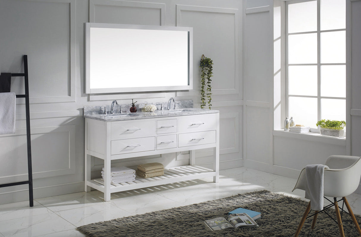 Virtu USA Caroline Estate 60" Double Bath Vanity with White Marble Top and Square Sinks with Polished Chrome Faucets with Matching Mirror