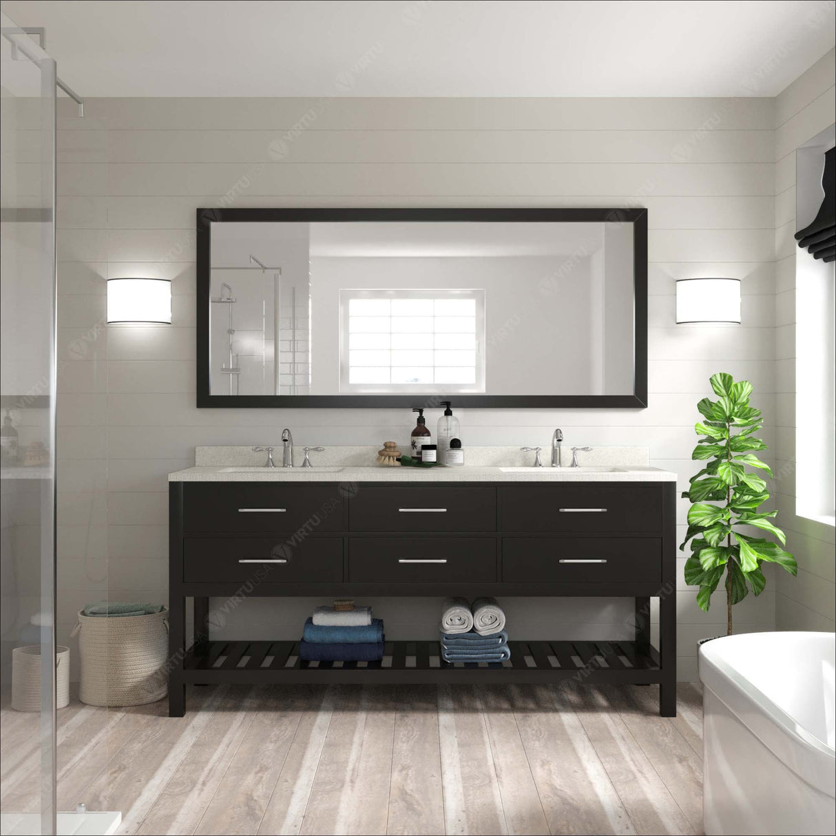 Virtu USA Caroline Estate 72" Double Bath Vanity with White Quartz Top and Round Sinks with Matching Mirror