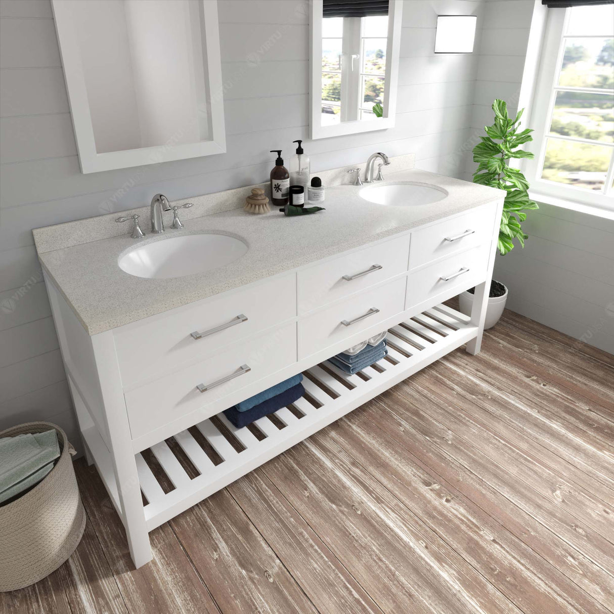 Virtu USA Caroline Estate 72" Double Bath Vanity with Dazzle White Top and Square Sinks with Brushed Nickel Faucets with Matching Mirrors