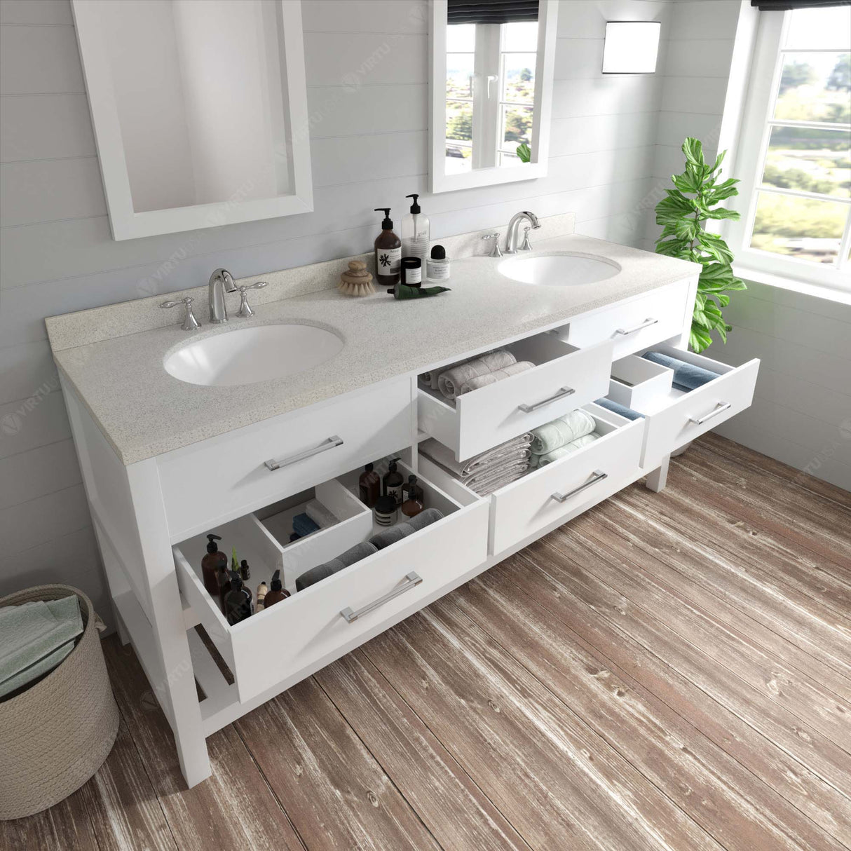 Virtu USA Caroline Estate 72" Double Bath Vanity with Dazzle White Top and Square Sinks with Brushed Nickel Faucets with Matching Mirrors