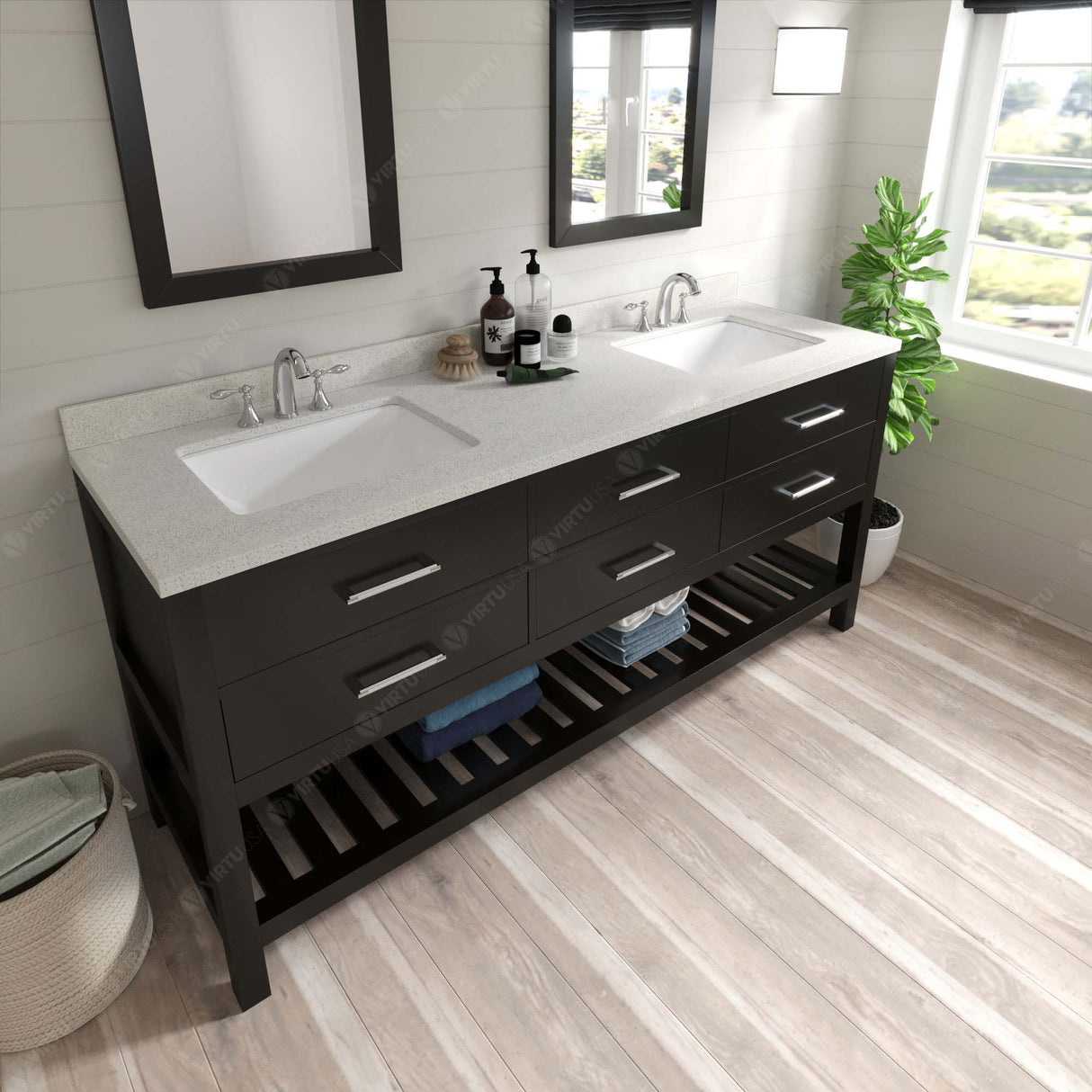 Virtu USA Caroline Estate 72" Double Bath Vanity with Dazzle White Top and Square Sinks with Matching Mirrors