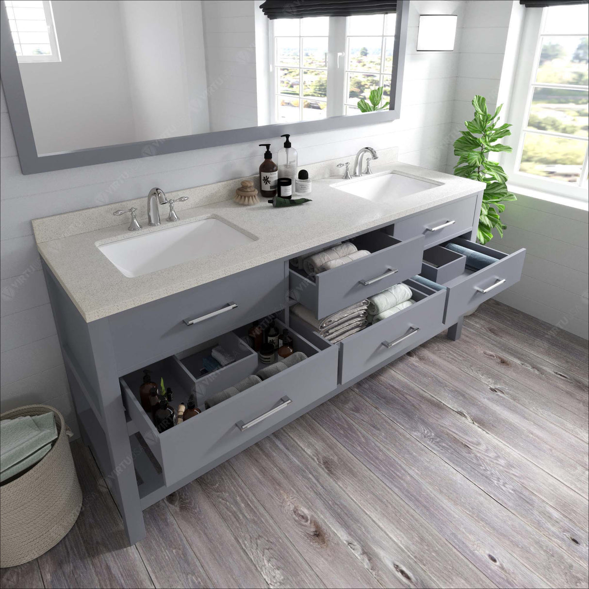 Virtu USA Caroline Estate 72" Double Bath Vanity with Dazzle White Top and Square Sinks with Matching Mirror