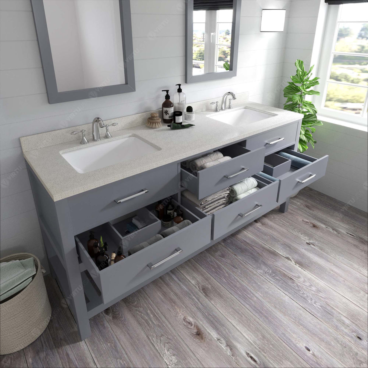 Virtu USA Caroline Estate 72" Double Bath Vanity with Dazzle White Top and Square Sinks with Matching Mirrors