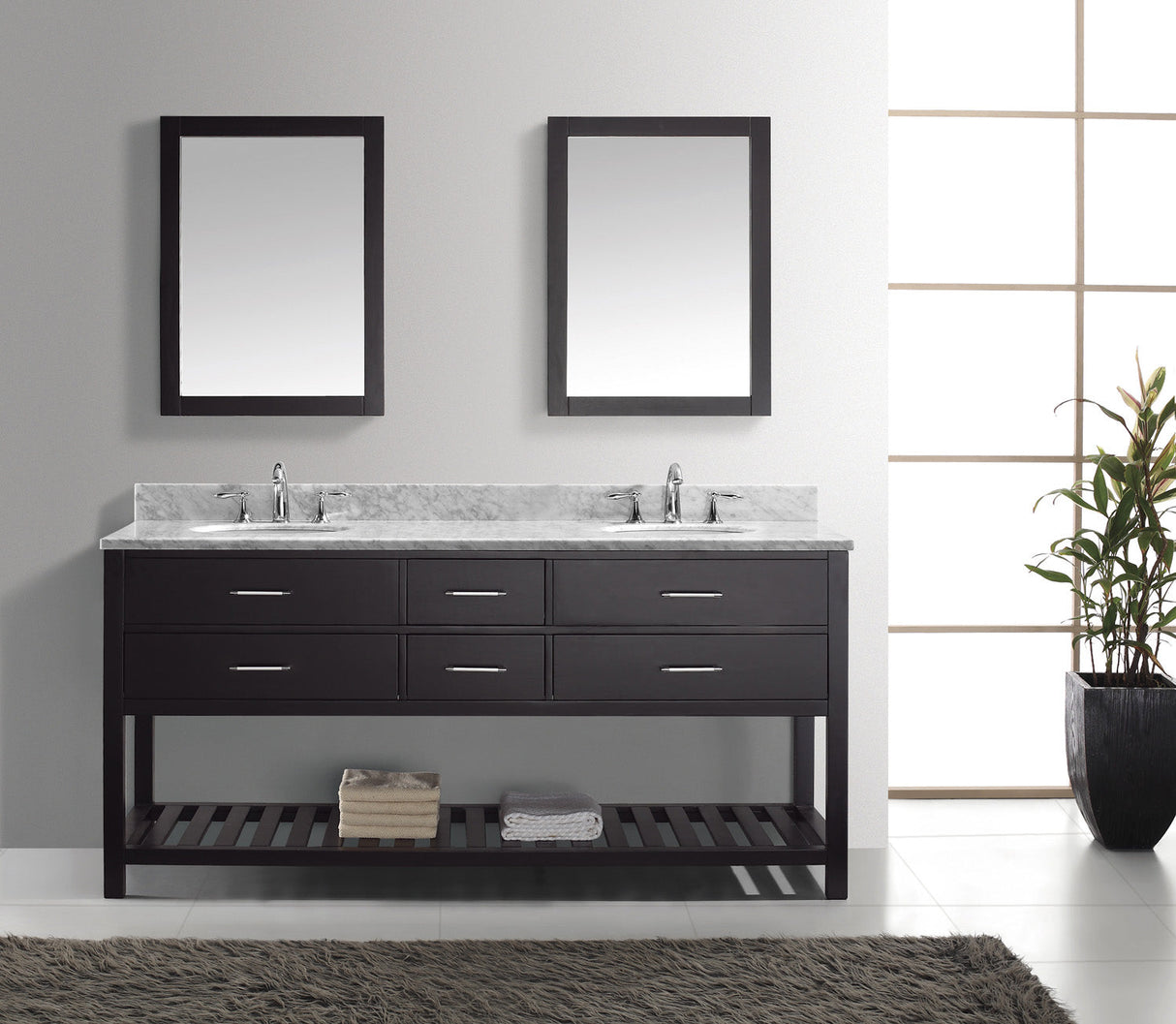 Virtu USA Caroline Estate 72" Double Bath Vanity with White Marble Top and Round Sinks with Brushed Nickel Faucets with Matching Mirrors