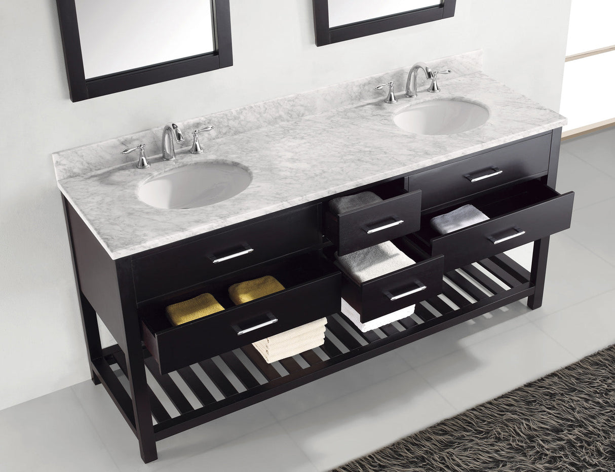 Virtu USA Caroline Estate 72" Double Bath Vanity with White Marble Top and Round Sinks with Brushed Nickel Faucets with Matching Mirrors