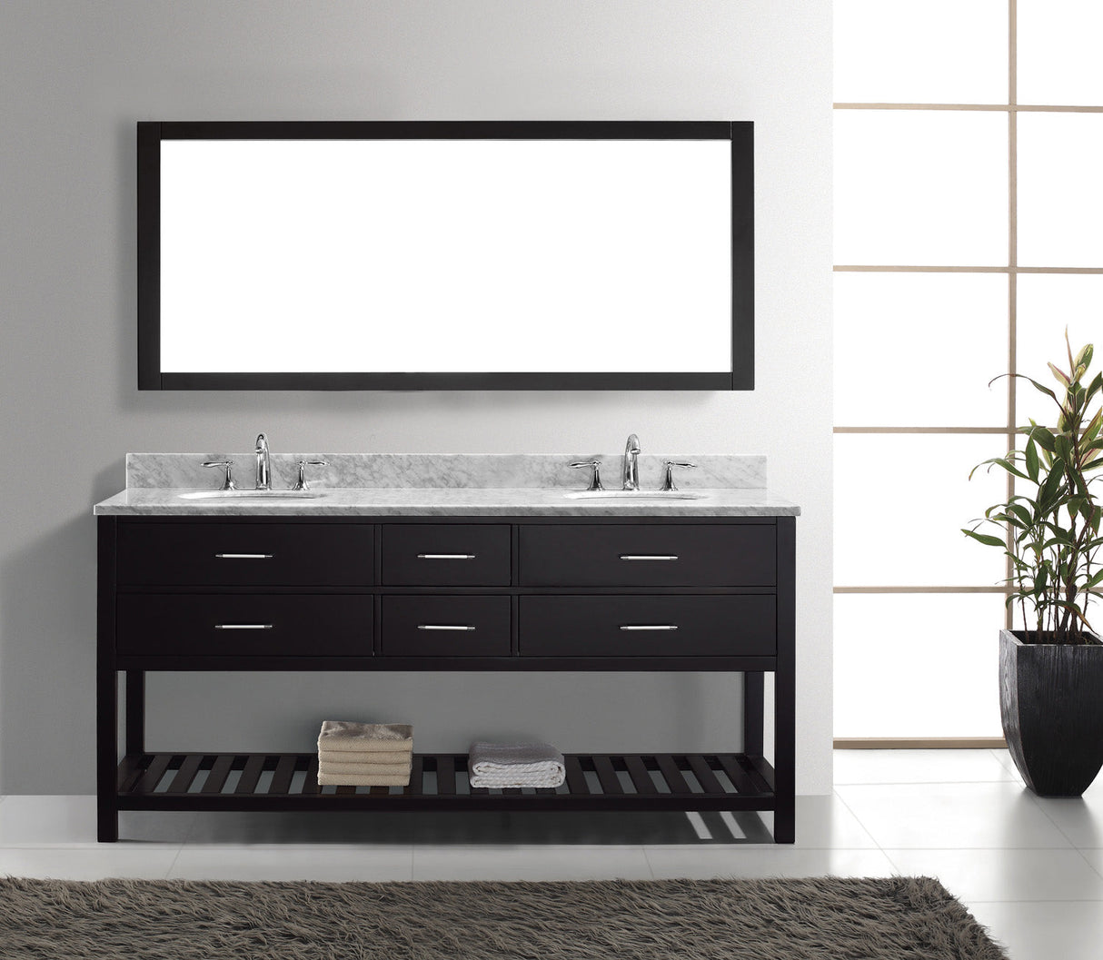 Virtu USA Caroline Estate 72" Double Bath Vanity with White Marble Top and Round Sinks with Brushed Nickel Faucets with Matching Mirror