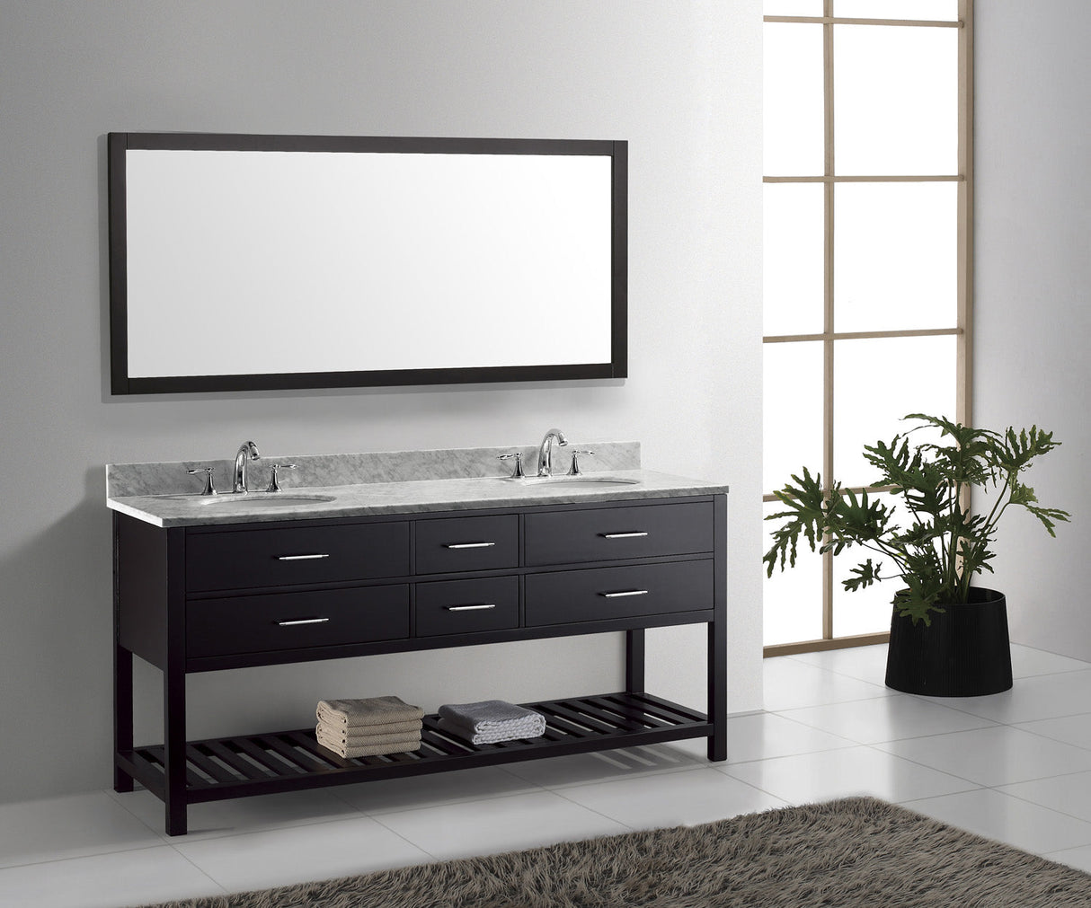 Virtu USA Caroline Estate 72" Double Bath Vanity with White Marble Top and Round Sinks with Brushed Nickel Faucets with Matching Mirror