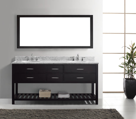 Virtu USA Caroline Estate 72" Double Bath Vanity with White Marble Top and Round Sinks with Polished Chrome Faucets with Matching Mirror