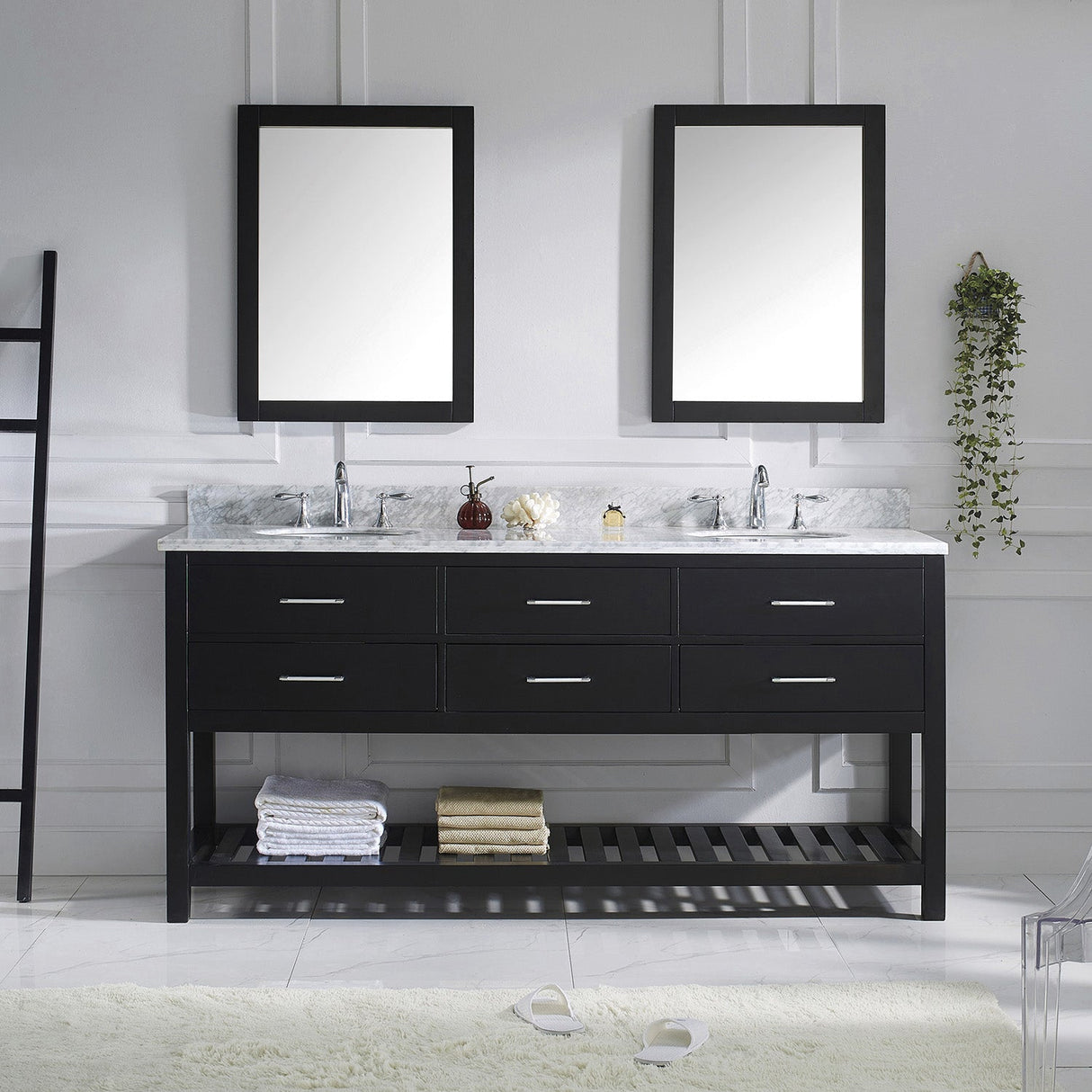 Virtu USA Caroline Estate 72" Double Bath Vanity with White Marble Top and Round Sinks with Matching Mirrors