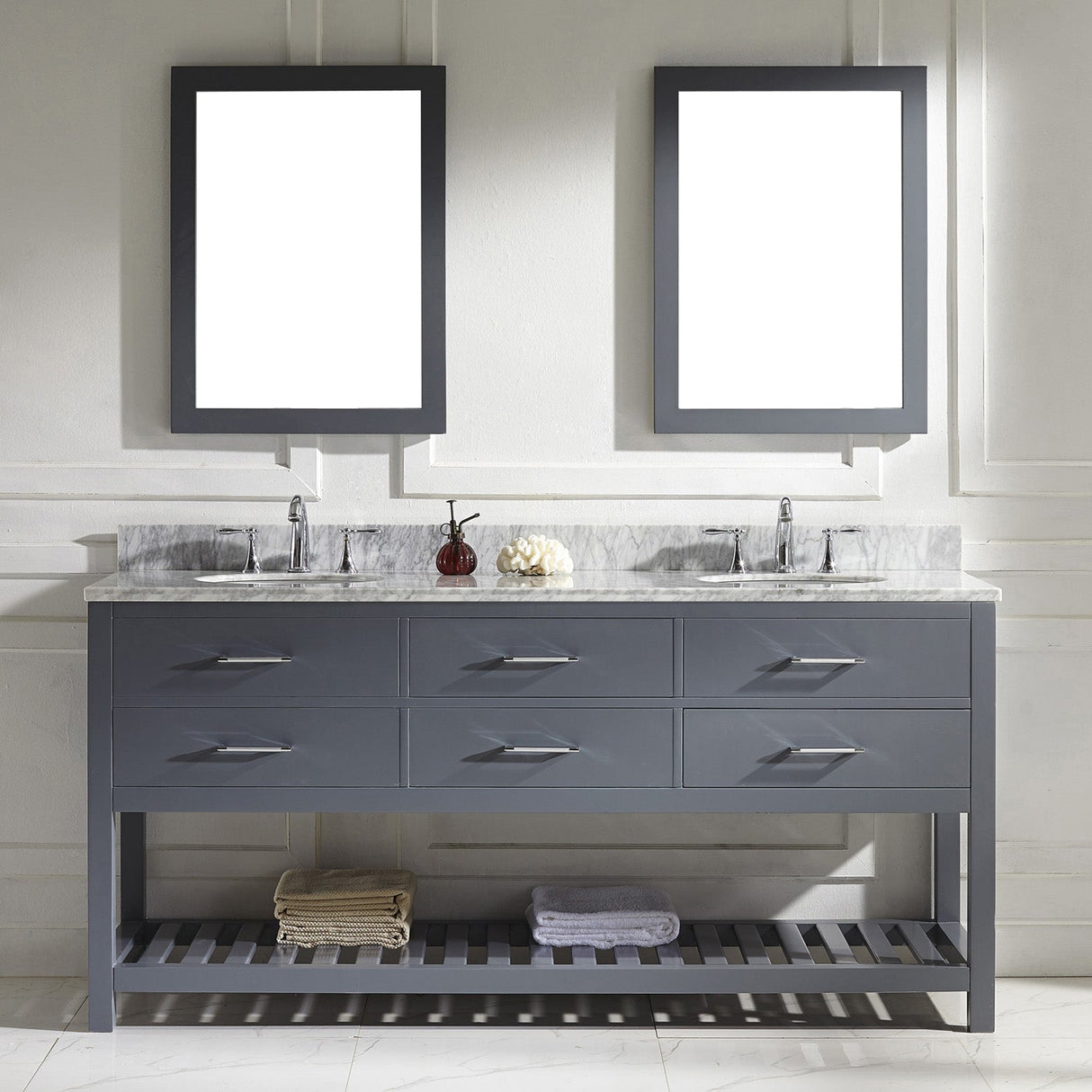 Virtu USA Caroline Estate 72" Double Bath Vanity with White Marble Top and Round Sinks with Brushed Nickel Faucets with Matching Mirrors