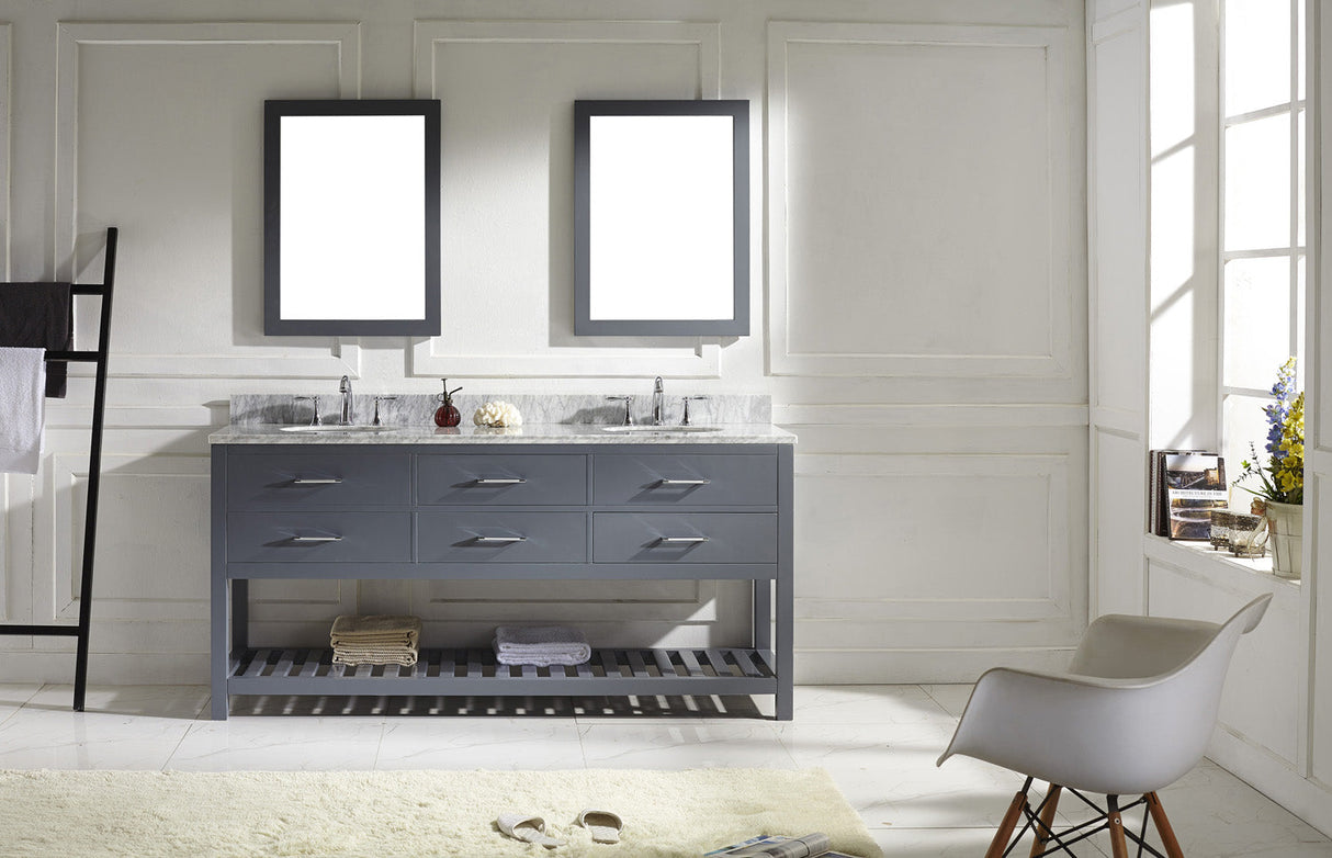 Virtu USA Caroline Estate 72" Double Bath Vanity with White Marble Top and Round Sinks with Brushed Nickel Faucets with Matching Mirrors