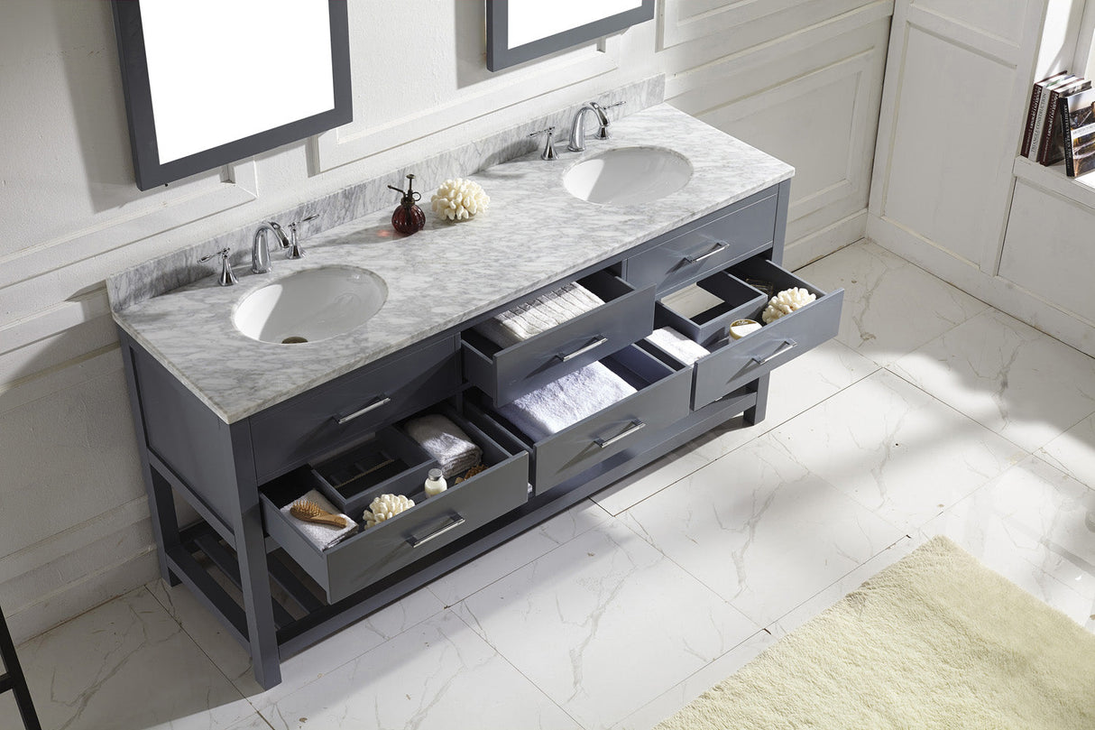 Virtu USA Caroline Estate 72" Double Bath Vanity with White Marble Top and Round Sinks with Brushed Nickel Faucets with Matching Mirrors