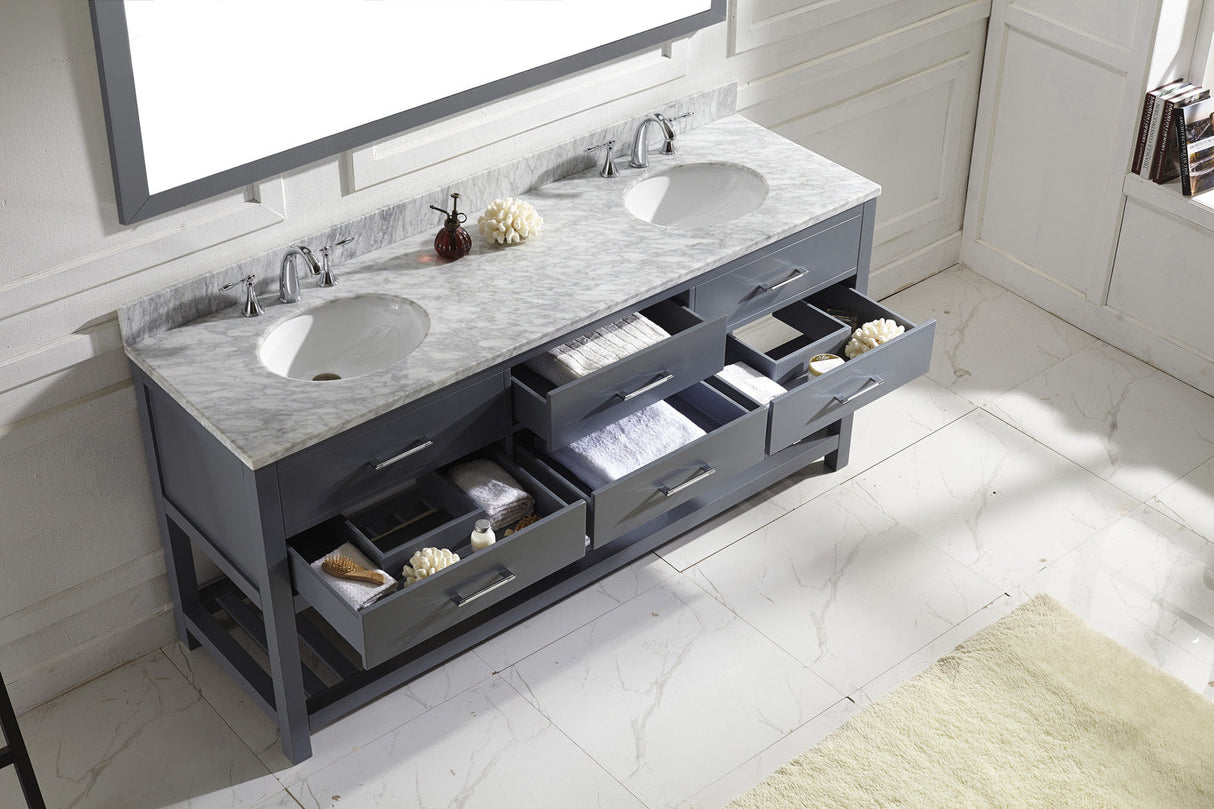 Virtu USA Caroline Estate 72" Double Bath Vanity with White Marble Top and Round Sinks with Matching Mirror