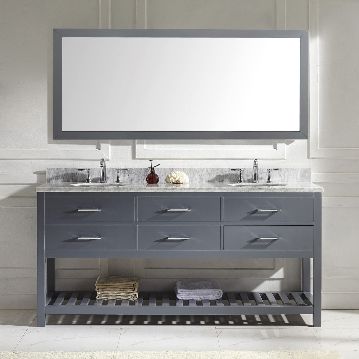 Virtu USA Caroline Estate 72" Double Bath Vanity with White Marble Top and Round Sinks with Polished Chrome Faucets with Matching Mirror