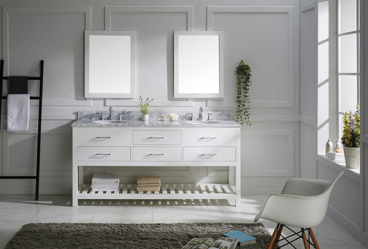 Virtu USA Caroline Estate 72" Double Bath Vanity with White Marble Top and Round Sinks with Brushed Nickel Faucets with Matching Mirrors