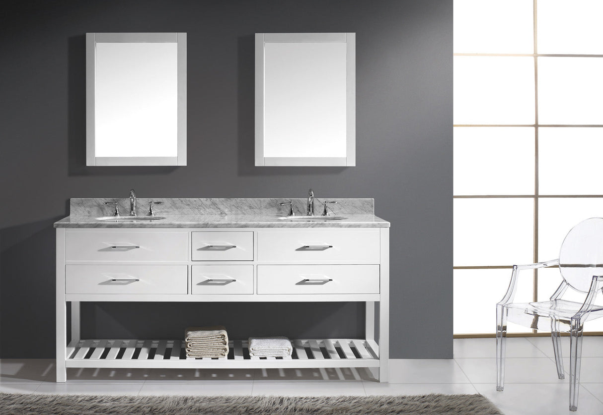 Virtu USA Caroline Estate 72" Double Bath Vanity with White Marble Top and Round Sinks with Brushed Nickel Faucets with Matching Mirrors