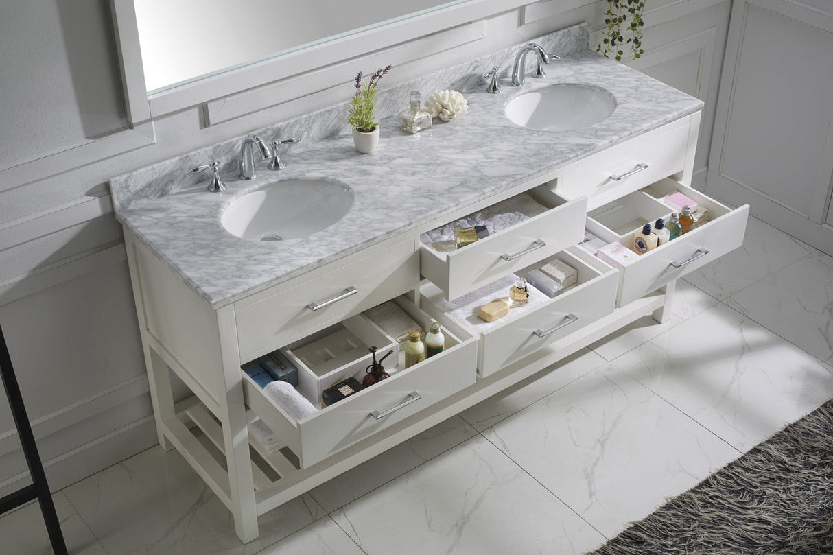 Virtu USA Caroline Estate 72" Double Bath Vanity with White Marble Top and Round Sinks with Matching Mirror