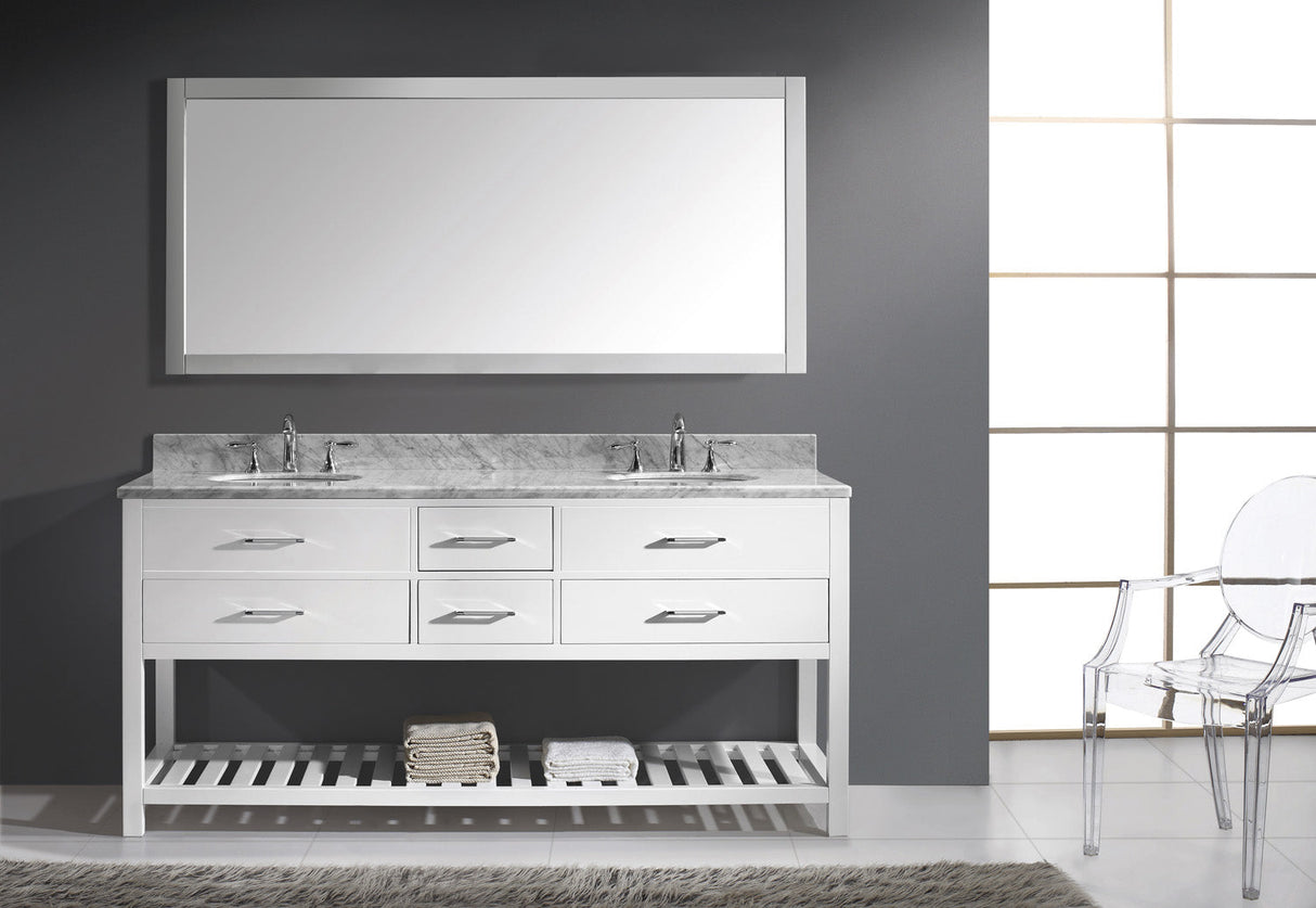 Virtu USA Caroline Estate 72" Double Bath Vanity with White Marble Top and Round Sinks with Matching Mirror