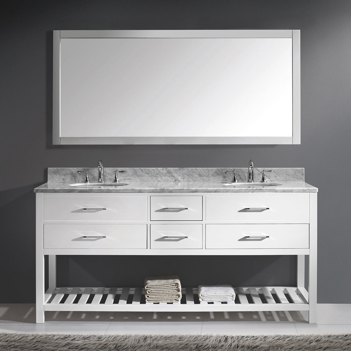 Virtu USA Caroline Estate 72" Double Bath Vanity with White Marble Top and Round Sinks with Polished Chrome Faucets with Matching Mirror