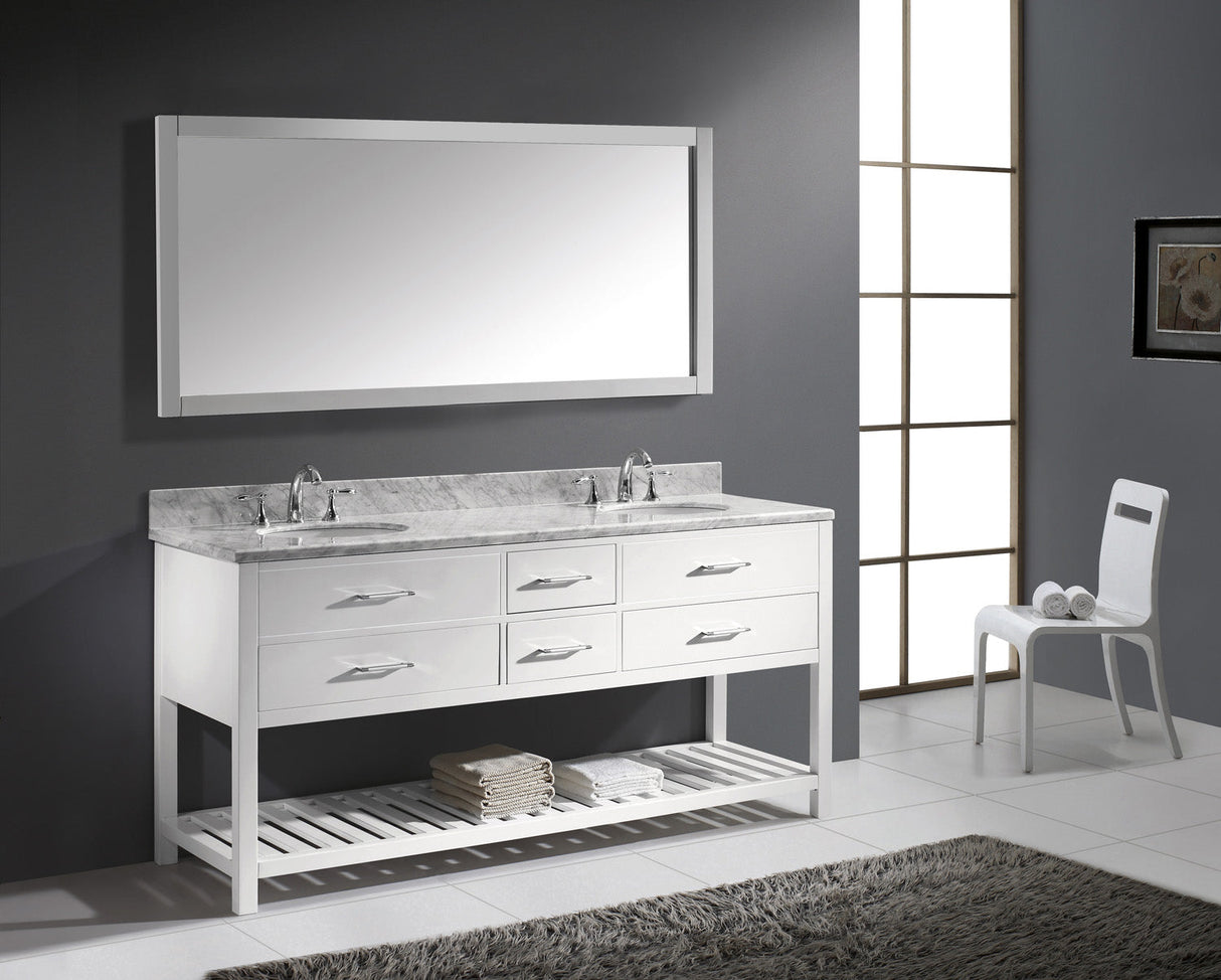 Virtu USA Caroline Estate 72" Double Bath Vanity with White Marble Top and Round Sinks with Polished Chrome Faucets with Matching Mirror