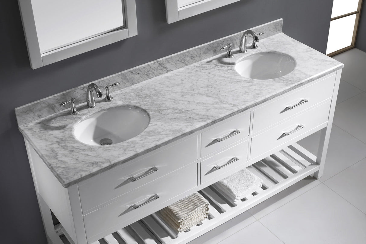 Virtu USA Caroline Estate 72" Double Bath Vanity with White Marble Top and Round Sinks with Matching Mirrors