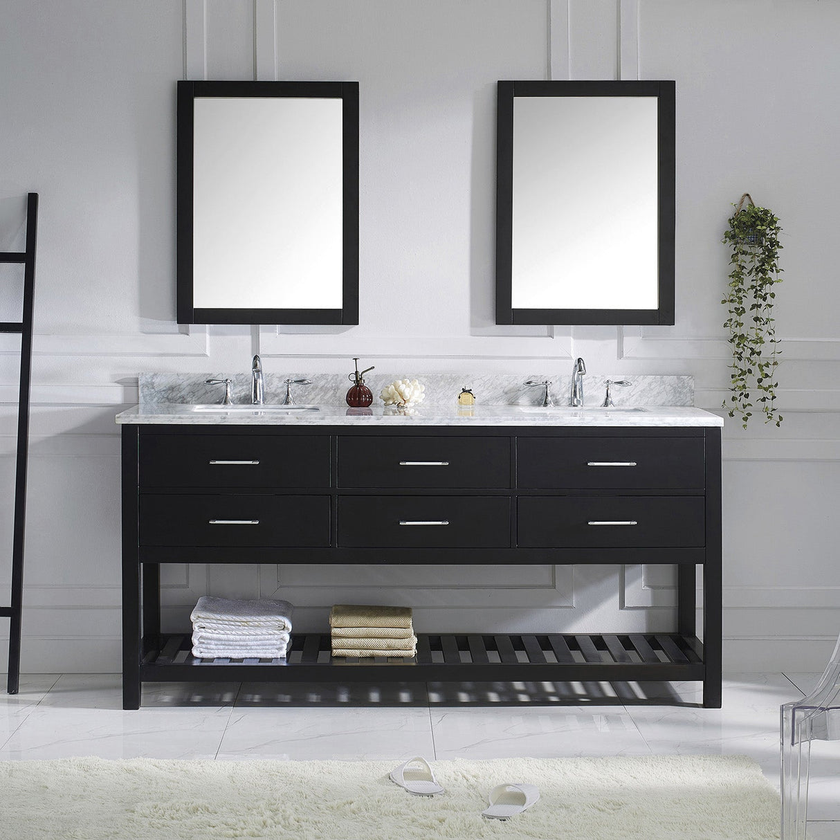 Virtu USA Caroline Estate 72" Double Bath Vanity with White Marble Top and Square Sinks with Brushed Nickel Faucets with Matching Mirrors