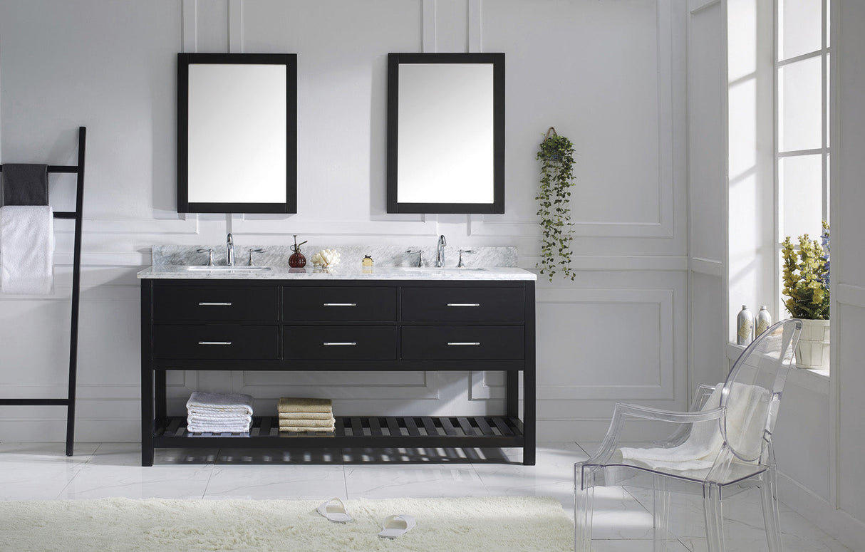 Virtu USA Caroline Estate 72" Double Bath Vanity with White Marble Top and Square Sinks with Brushed Nickel Faucets with Matching Mirrors