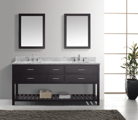 Virtu USA Caroline Estate 72" Double Bath Vanity with White Marble Top and Square Sinks with Brushed Nickel Faucets with Matching Mirrors