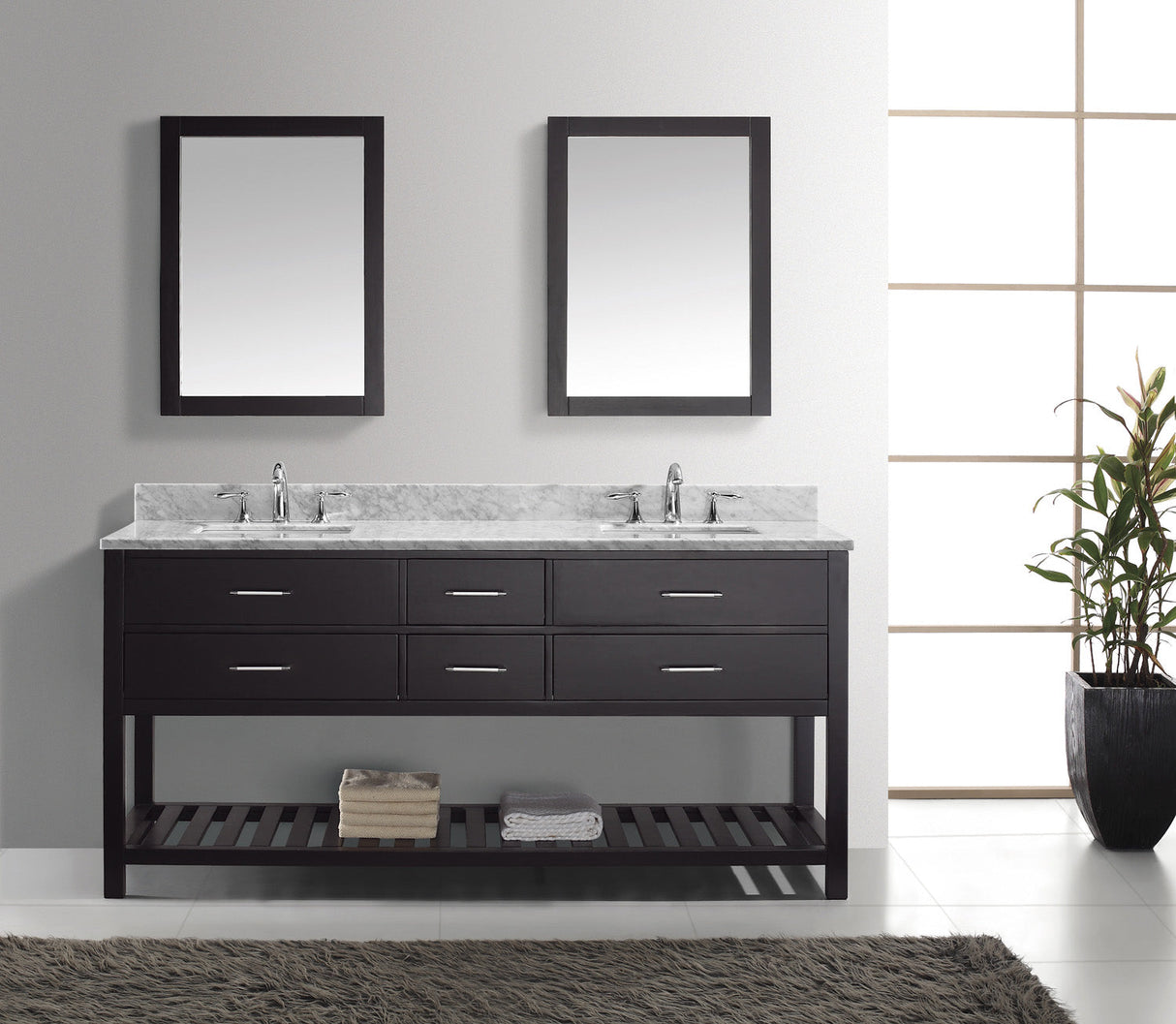 Virtu USA Caroline Estate 72" Double Bath Vanity with White Marble Top and Square Sinks with Polished Chrome Faucets with Matching Mirrors